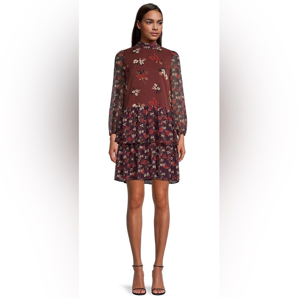 Eliza J Floral Mockneck Tiered Mini Dress, size 8
